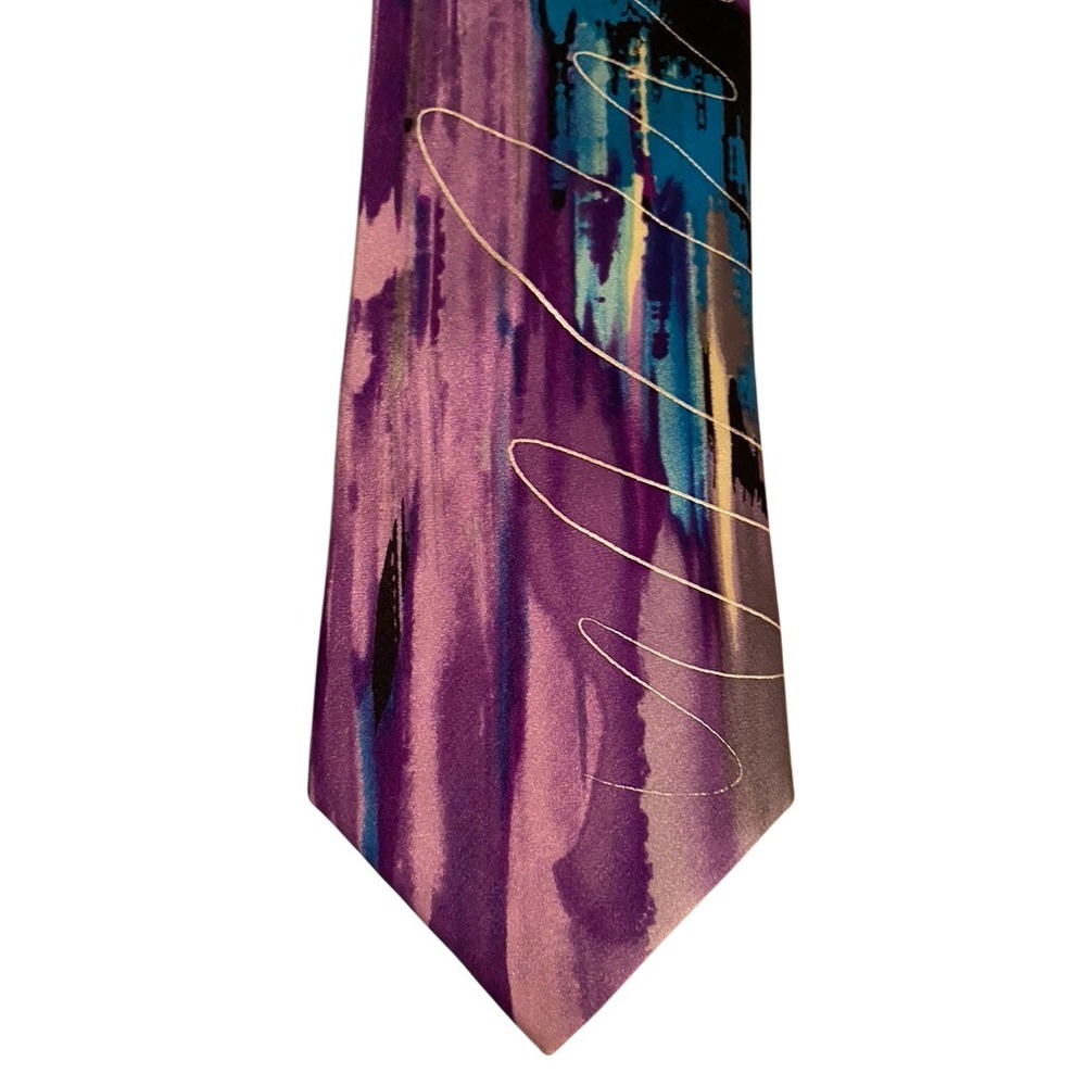 Garcia Mens Silk Necktie Purple Blue Abstract Brushstroke Art Deco Silk Tie